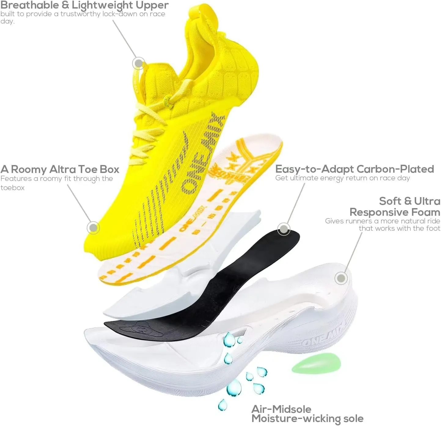 Men's Road Running Shoes Marathon Running Shoes Carbon Fiber Plate Running Shoes Wide with Arch Support Lightweight Breathable Sneakers ONEMIX Light Armor 21601