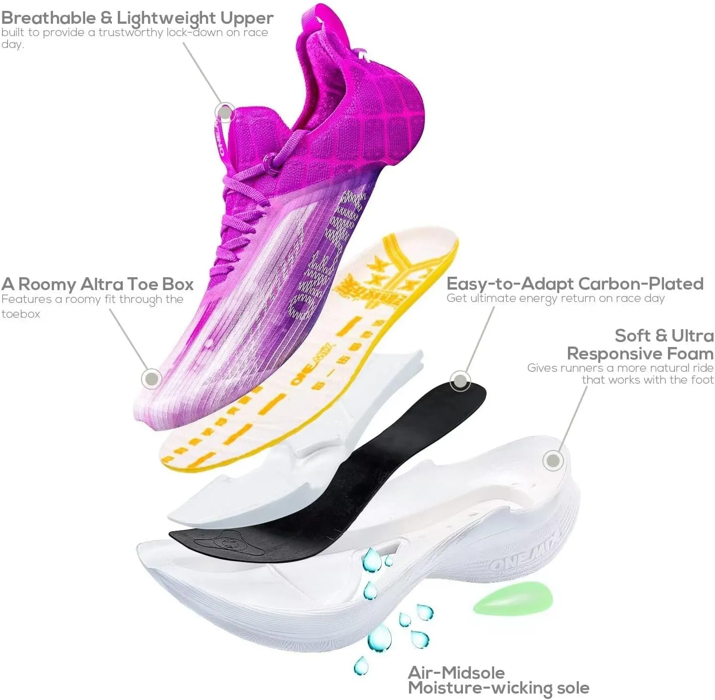 Men's Road Running Shoes Marathon Running Shoes Carbon Fiber Plate Running Shoes Wide with Arch Support Lightweight Breathable Sneakers ONEMIX Light Armor 21601