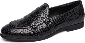 Men's Round Toe Slip-on Loafers for Men Casual Moccasins Shoes Snakeskin Emboss Monk Strap Lightweight Rubber Sole