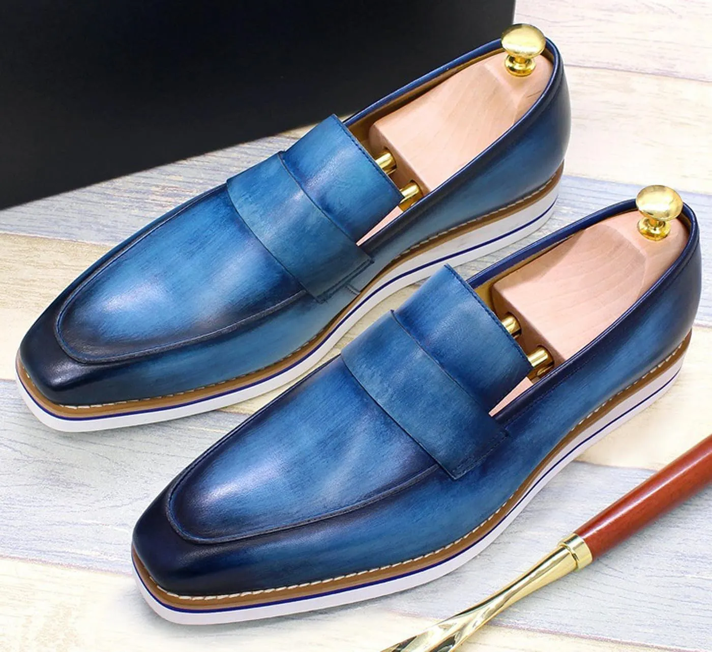 Mens Slip On Shoes Casual Dress Penny Loafers Genuine Leather Lightweight Flat Shoes Prom Wedding Business Mocasines Fashion Comfortable Tuexdo Shoes for Men