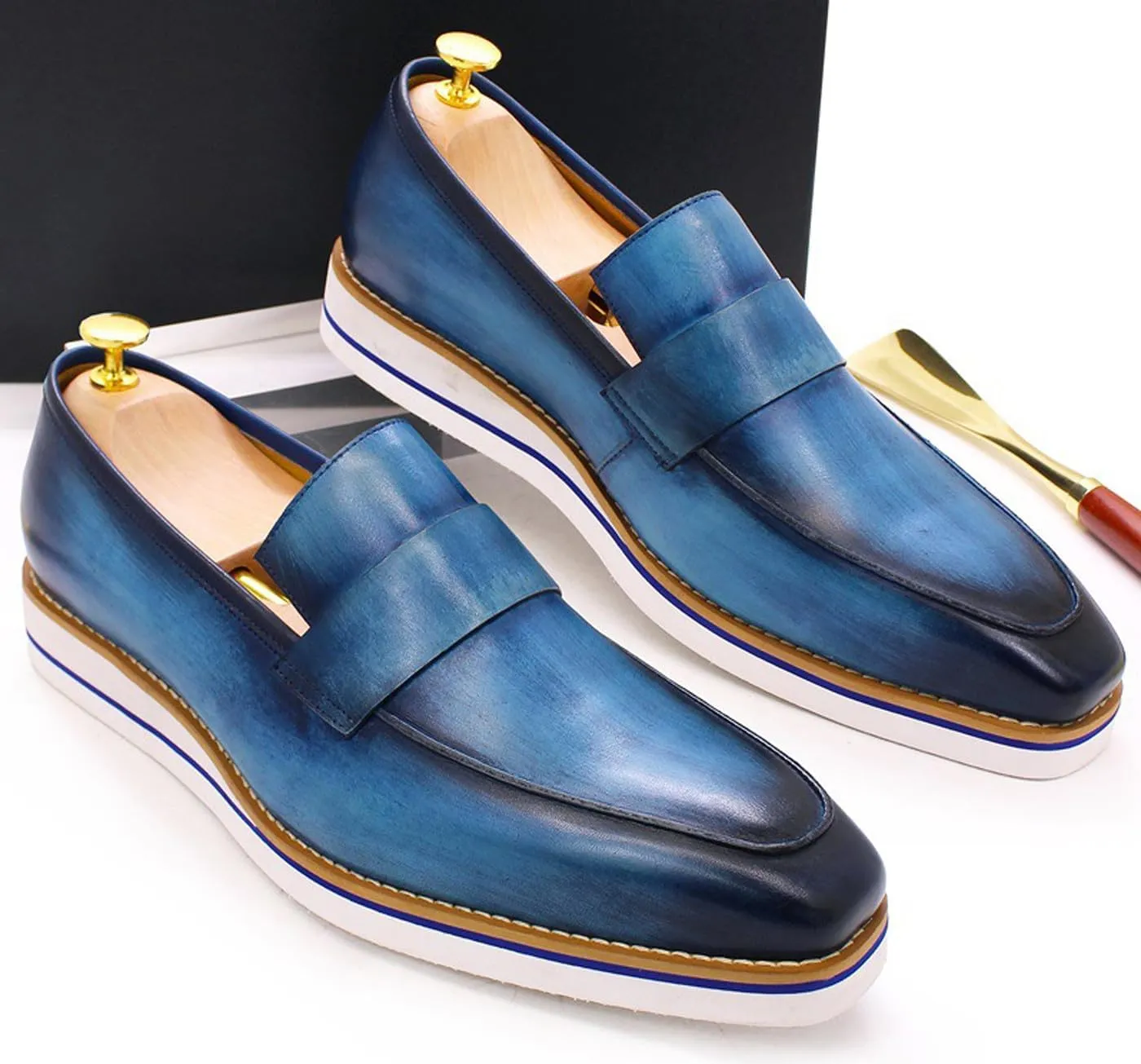 Mens Slip On Shoes Casual Dress Penny Loafers Genuine Leather Lightweight Flat Shoes Prom Wedding Business Mocasines Fashion Comfortable Tuexdo Shoes for Men