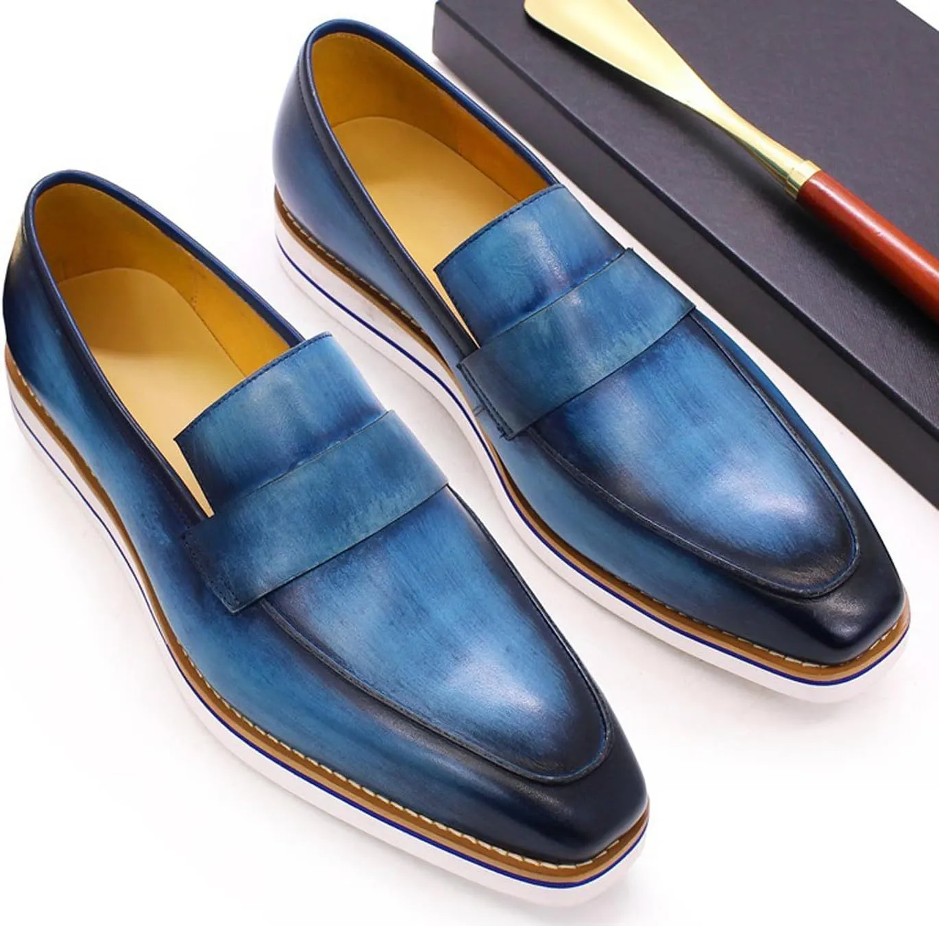 Mens Slip On Shoes Casual Dress Penny Loafers Genuine Leather Lightweight Flat Shoes Prom Wedding Business Mocasines Fashion Comfortable Tuexdo Shoes for Men