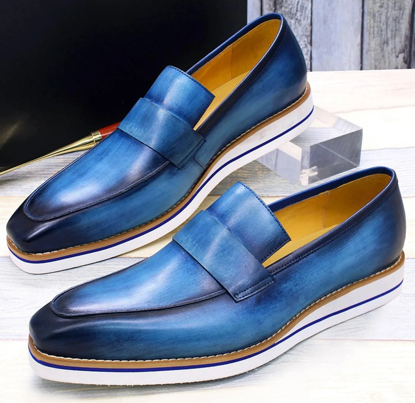 Mens Slip On Shoes Casual Dress Penny Loafers Genuine Leather Lightweight Flat Shoes Prom Wedding Business Mocasines Fashion Comfortable Tuexdo Shoes for Men