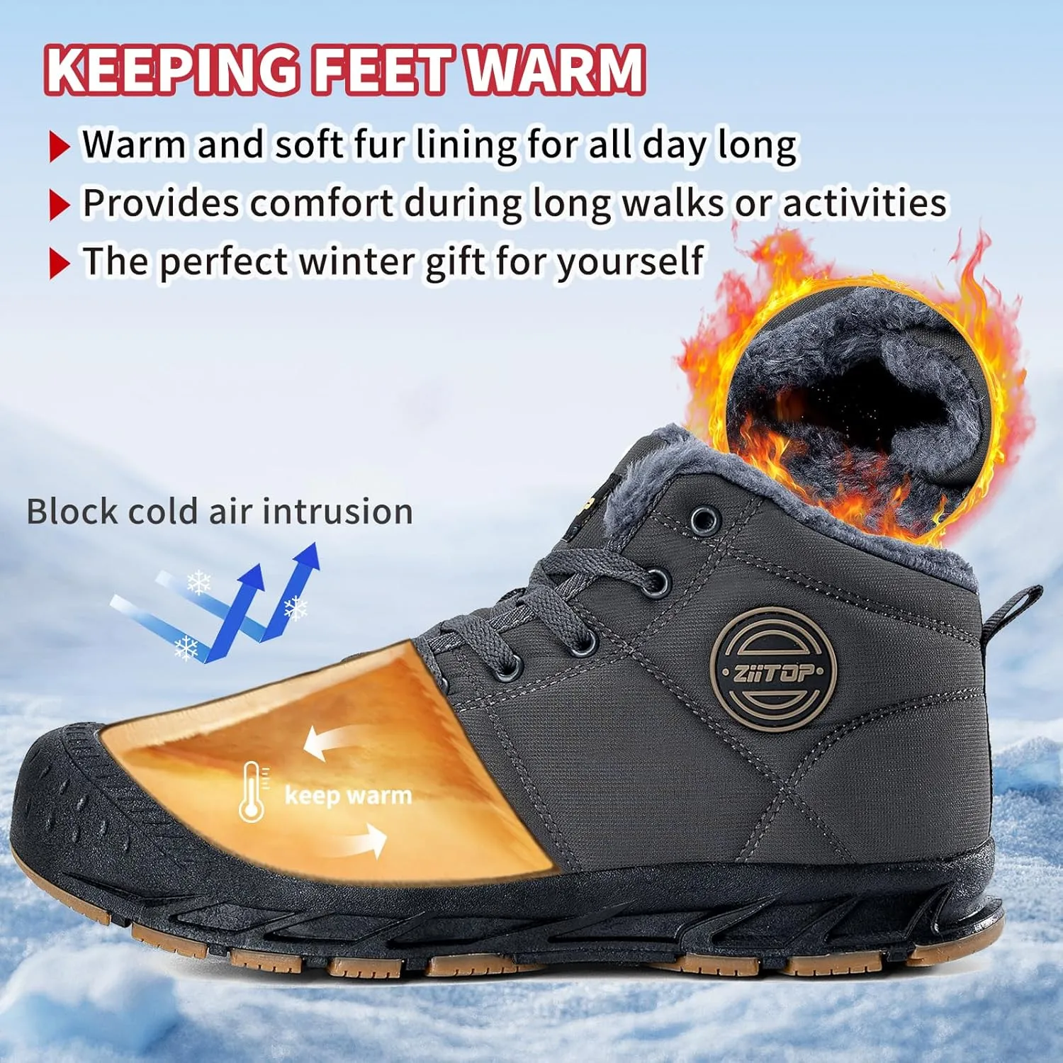 Mens Snow Boots, Mens Winter Boots, Mens Winter Trekking Snow Boots, Winter Boots for Men Waterproof Fur Lined Warm Winter Boots Men Lace up Snow Ankle Shoes Outdoor Anti-Slip Lightweight Hiking Boot