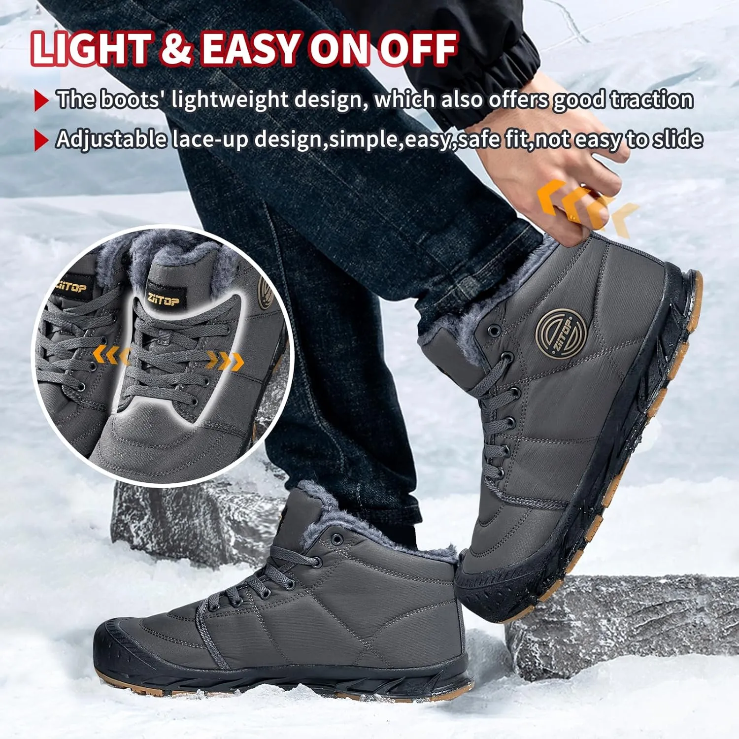 Mens Snow Boots, Mens Winter Boots, Mens Winter Trekking Snow Boots, Winter Boots for Men Waterproof Fur Lined Warm Winter Boots Men Lace up Snow Ankle Shoes Outdoor Anti-Slip Lightweight Hiking Boot