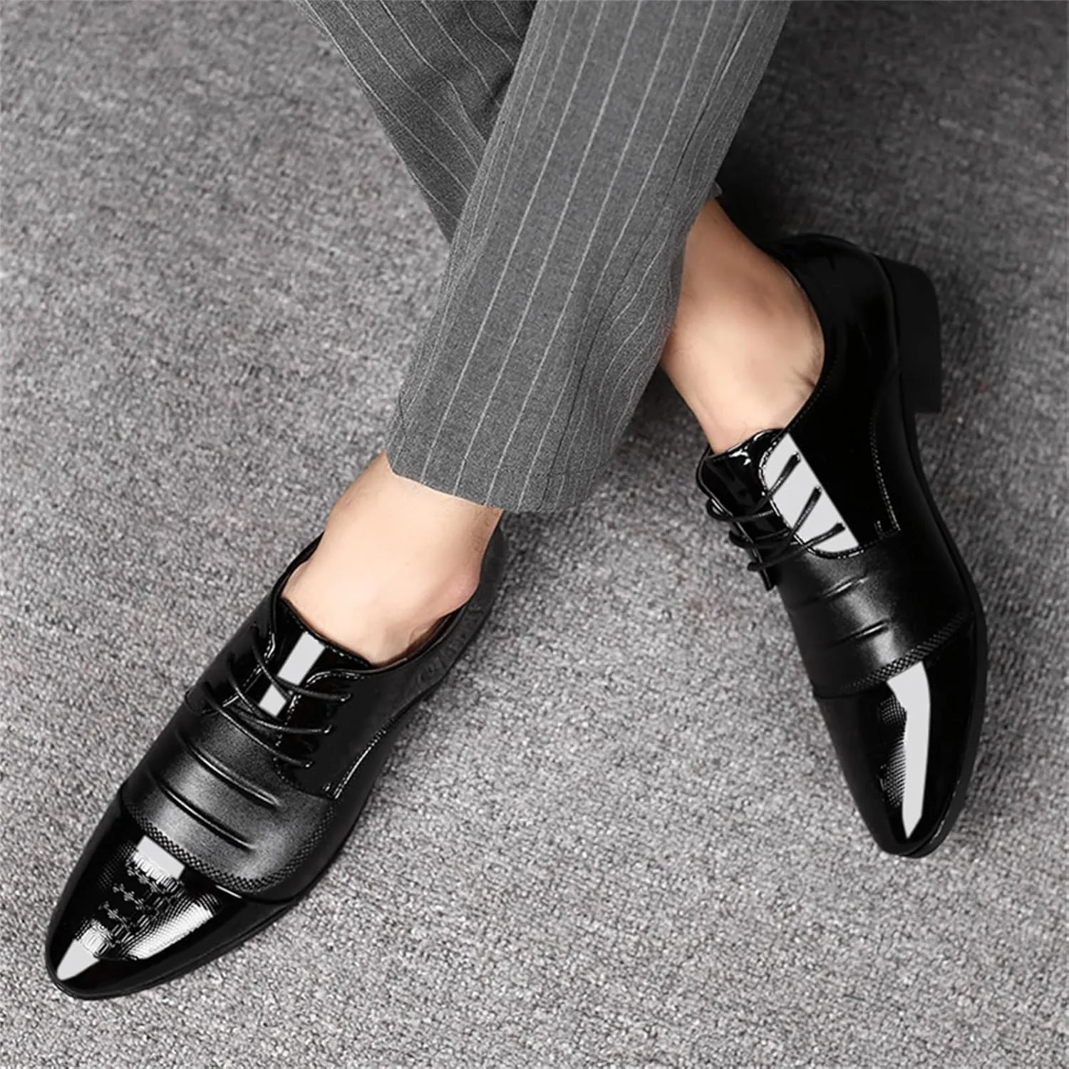 Men's Trendy Patent Leather Tuxedo Dress Shoes Cap Toe Lace up Formal Business Oxfords Wedding Prom