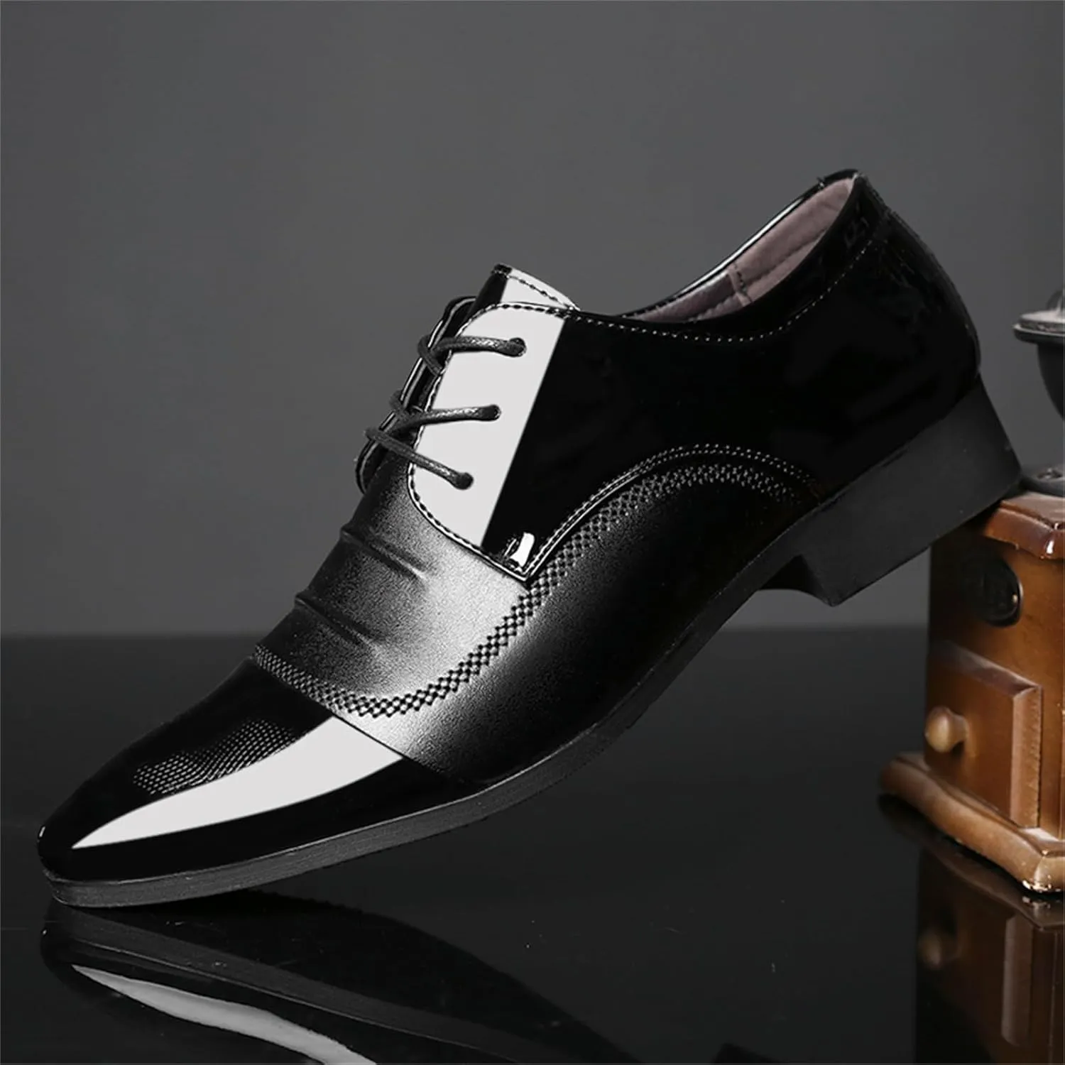 Men's Trendy Patent Leather Tuxedo Dress Shoes Cap Toe Lace up Formal Business Oxfords Wedding Prom