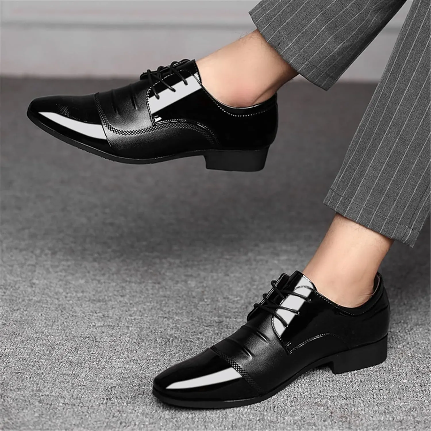Men's Trendy Patent Leather Tuxedo Dress Shoes Cap Toe Lace up Formal Business Oxfords Wedding Prom