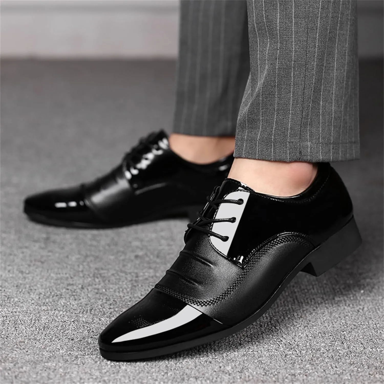 Men's Trendy Patent Leather Tuxedo Dress Shoes Cap Toe Lace up Formal Business Oxfords Wedding Prom