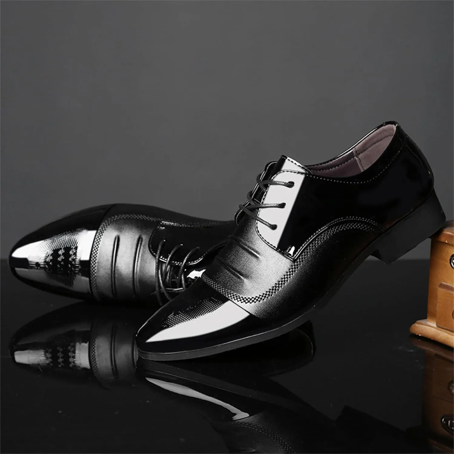 Men's Trendy Patent Leather Tuxedo Dress Shoes Cap Toe Lace up Formal Business Oxfords Wedding Prom