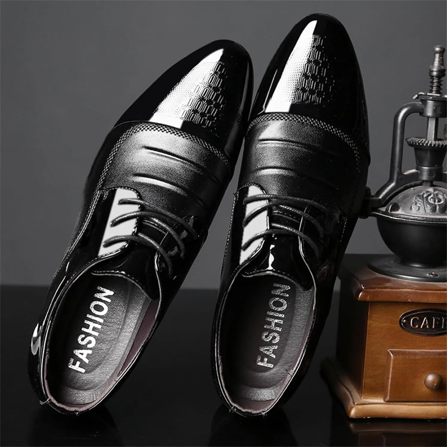 Men's Trendy Patent Leather Tuxedo Dress Shoes Cap Toe Lace up Formal Business Oxfords Wedding Prom
