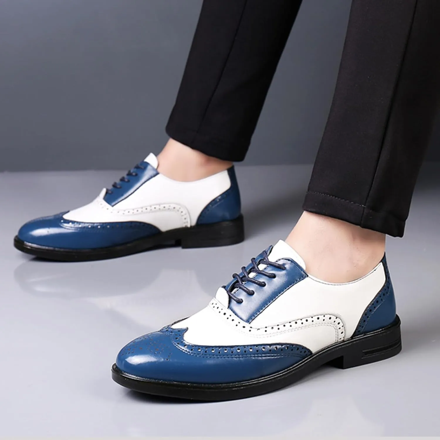 Men's Wingtip Patchwork Two Tone Brogue Oxfords Shoes Fashion Hand Stitched Round-Toe Lace up Low Top Leather Dress Shoes Comfortable Casual Business Formal Derby Shoes
