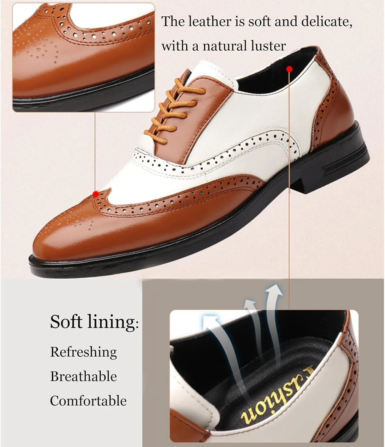 Men's Wingtip Patchwork Two Tone Brogue Oxfords Shoes Fashion Hand Stitched Round-Toe Lace up Low Top Leather Dress Shoes Comfortable Casual Business Formal Derby Shoes