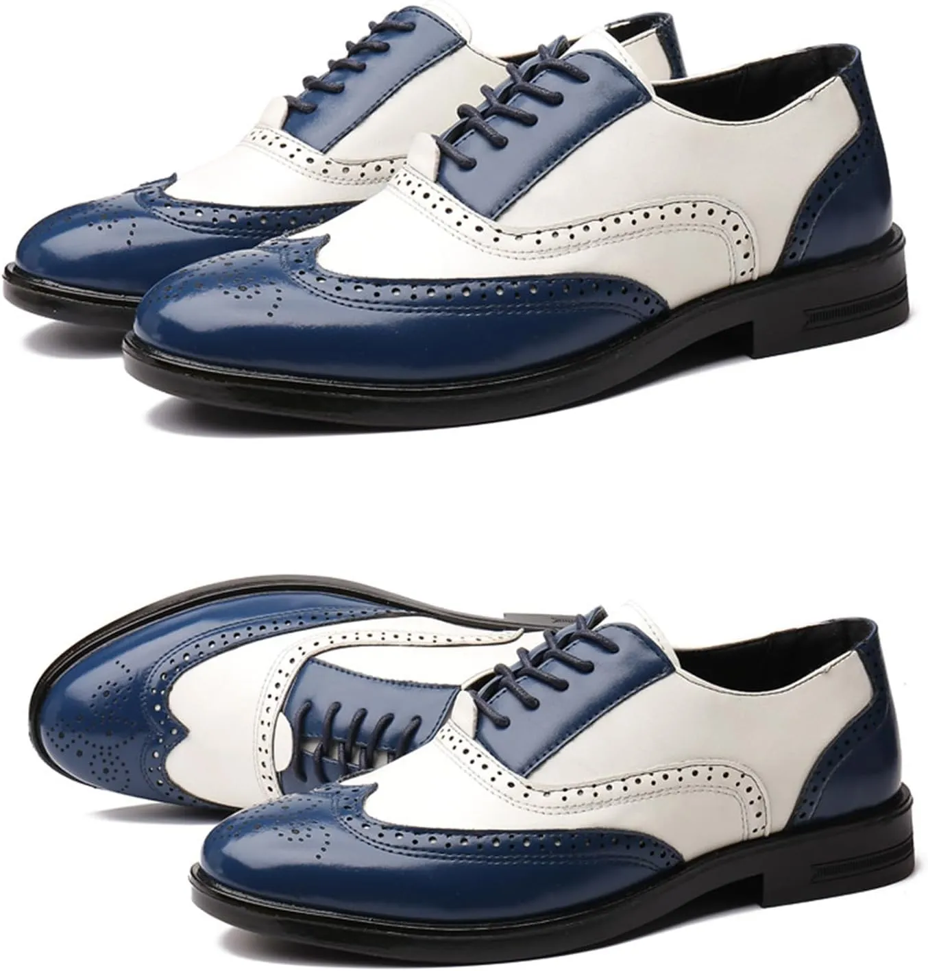 Men's Wingtip Patchwork Two Tone Brogue Oxfords Shoes Fashion Hand Stitched Round-Toe Lace up Low Top Leather Dress Shoes Comfortable Casual Business Formal Derby Shoes