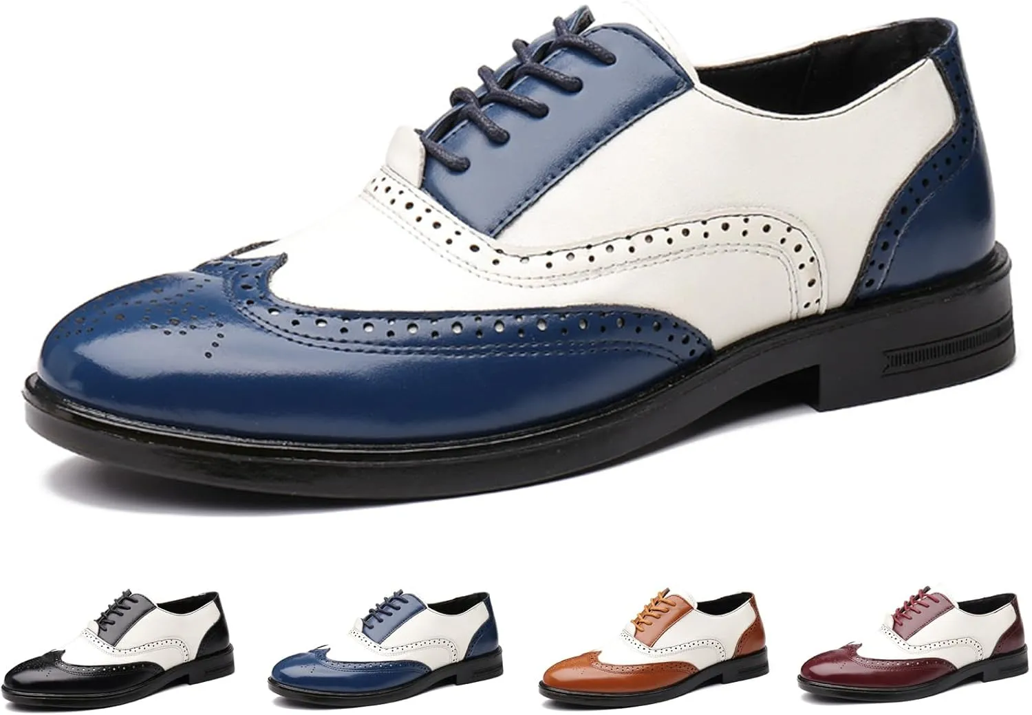 Men's Wingtip Patchwork Two Tone Brogue Oxfords Shoes Fashion Hand Stitched Round-Toe Lace up Low Top Leather Dress Shoes Comfortable Casual Business Formal Derby Shoes