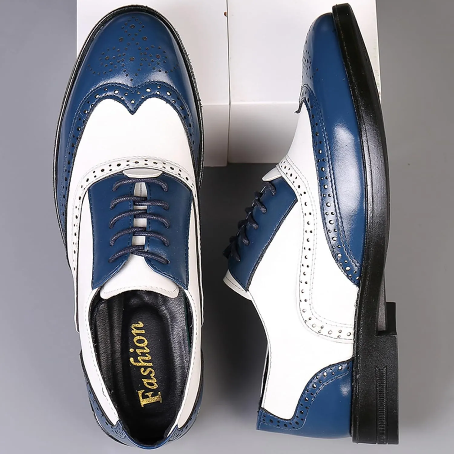 Men's Wingtip Patchwork Two Tone Brogue Oxfords Shoes Fashion Hand Stitched Round-Toe Lace up Low Top Leather Dress Shoes Comfortable Casual Business Formal Derby Shoes