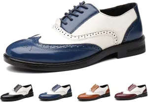 Men's Wingtip Patchwork Two Tone Brogue Oxfords Shoes Fashion Hand Stitched Round-Toe Lace up Low Top Leather Dress Shoes Comfortable Casual Business Formal Derby Shoes