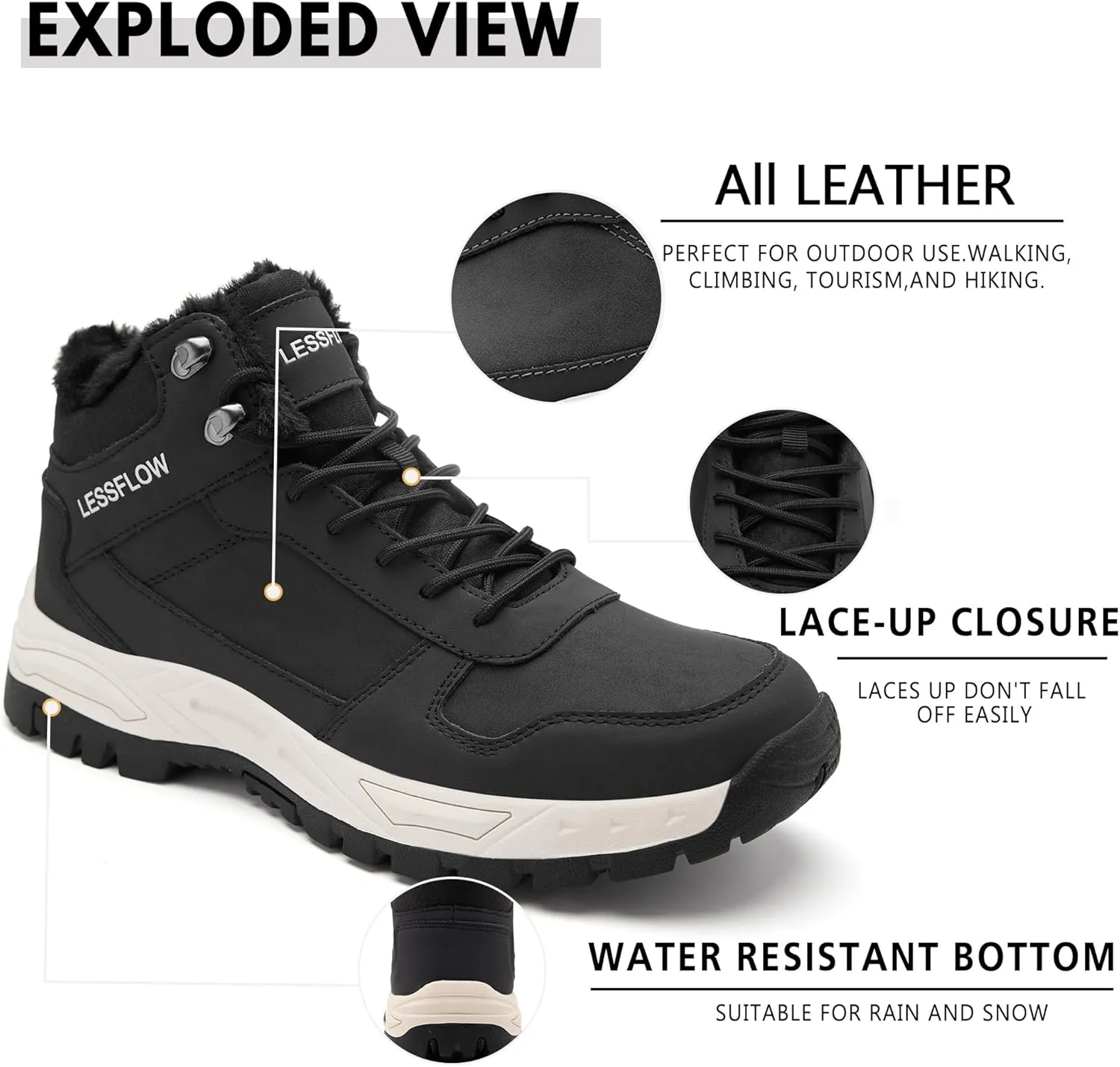 Men's Winter Slip On Snow Boots Warm Fur Lined Cold Shoes Winter Boot Leather Outdoor Thermal Work Ankle