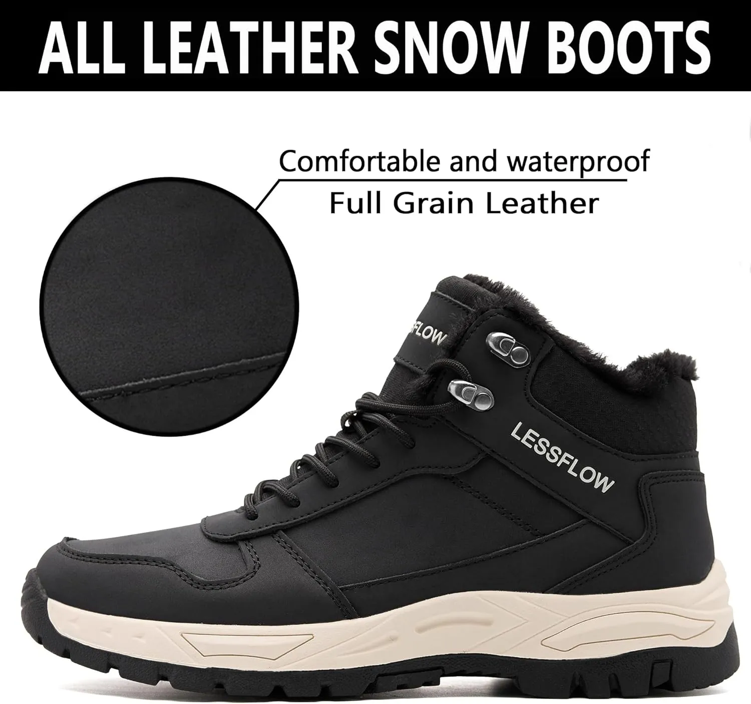 Men's Winter Slip On Snow Boots Warm Fur Lined Cold Shoes Winter Boot Leather Outdoor Thermal Work Ankle