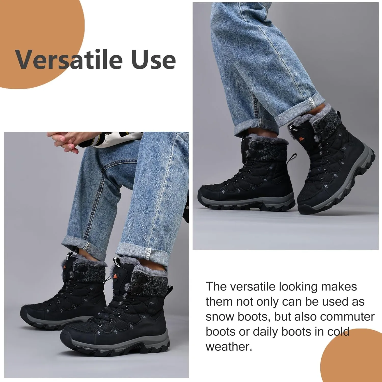 Men's Winter Snow Boots Water Resistant Non Slip Warm Outdoor Lightweight Comfortable Durable 7.1 IN Height Hiking Shoes