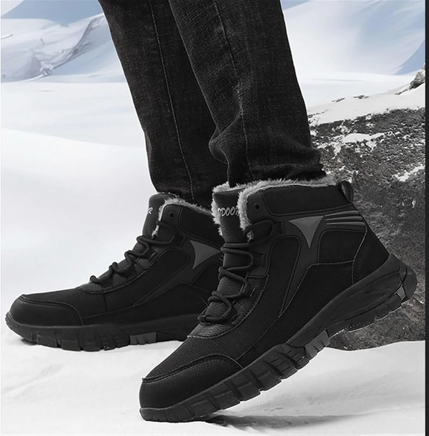 Mens Winter Warm Waterproof Non Slip High Top Fur Lined Snow Boots, Plus Size Hiking Walking Shoes Warm Comfortable, for Hiking, Trekking, Walking, Camping, Outdoor Athletic