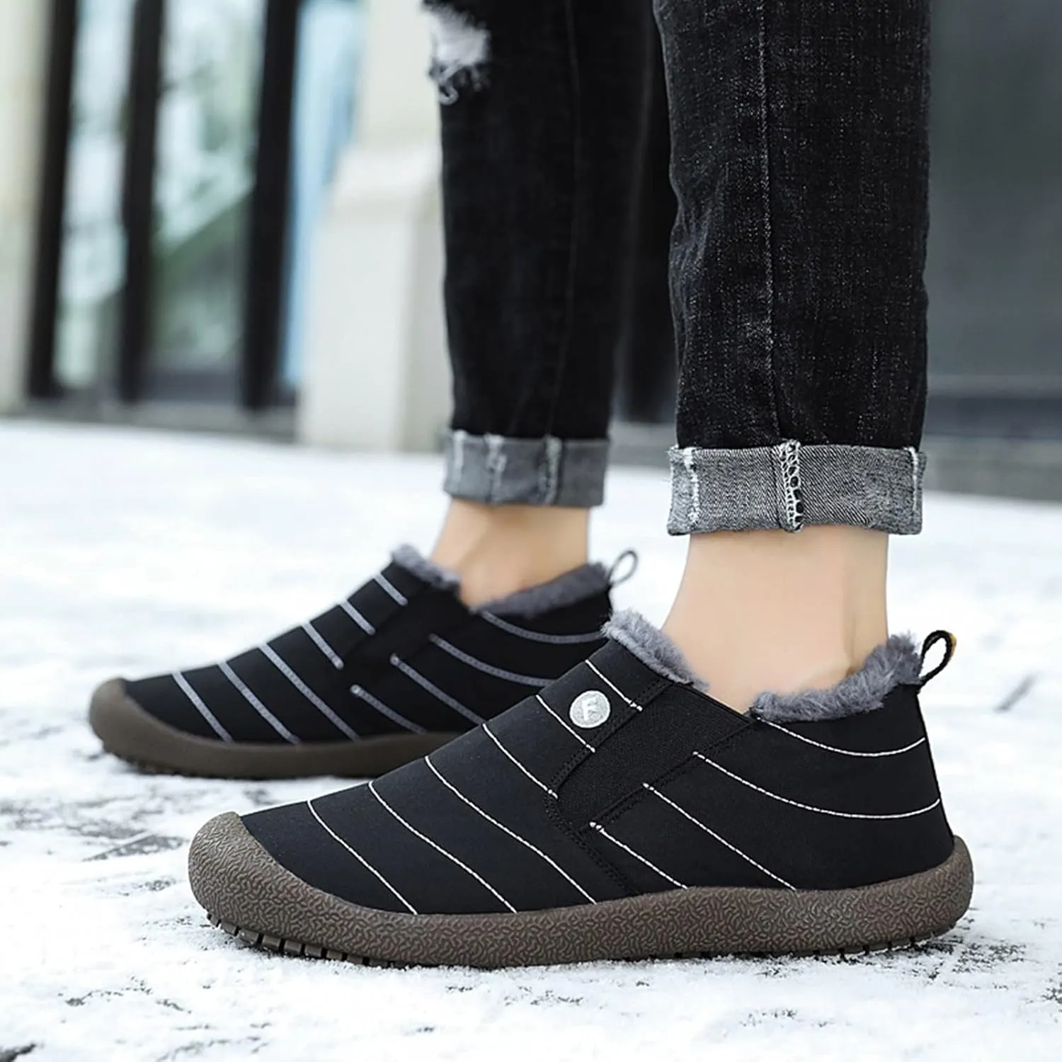 Men's Womens Waterproof Warm Plush Lined Outdoor Snow Ankle Boots Anti Slip Slip On Lightweight Winter Loafers Shoes