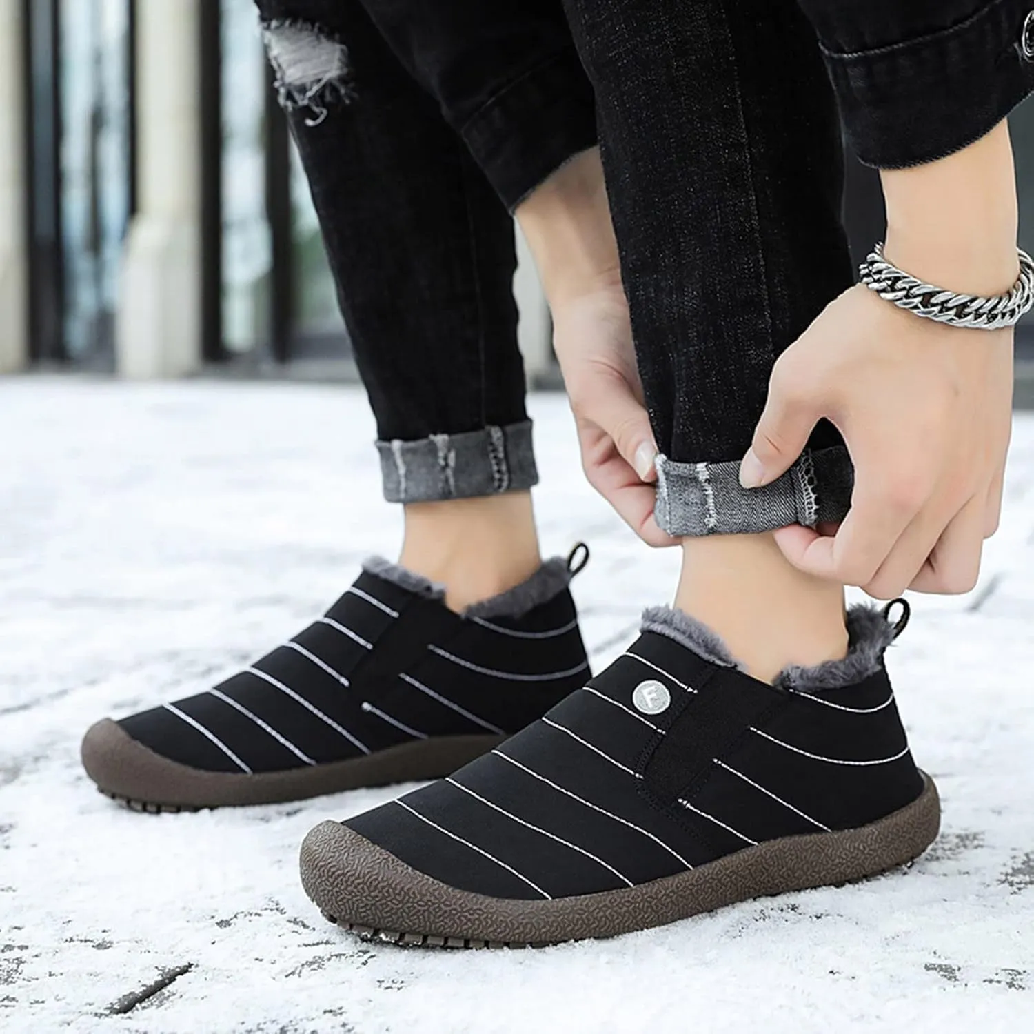 Men's Womens Waterproof Warm Plush Lined Outdoor Snow Ankle Boots Anti Slip Slip On Lightweight Winter Loafers Shoes
