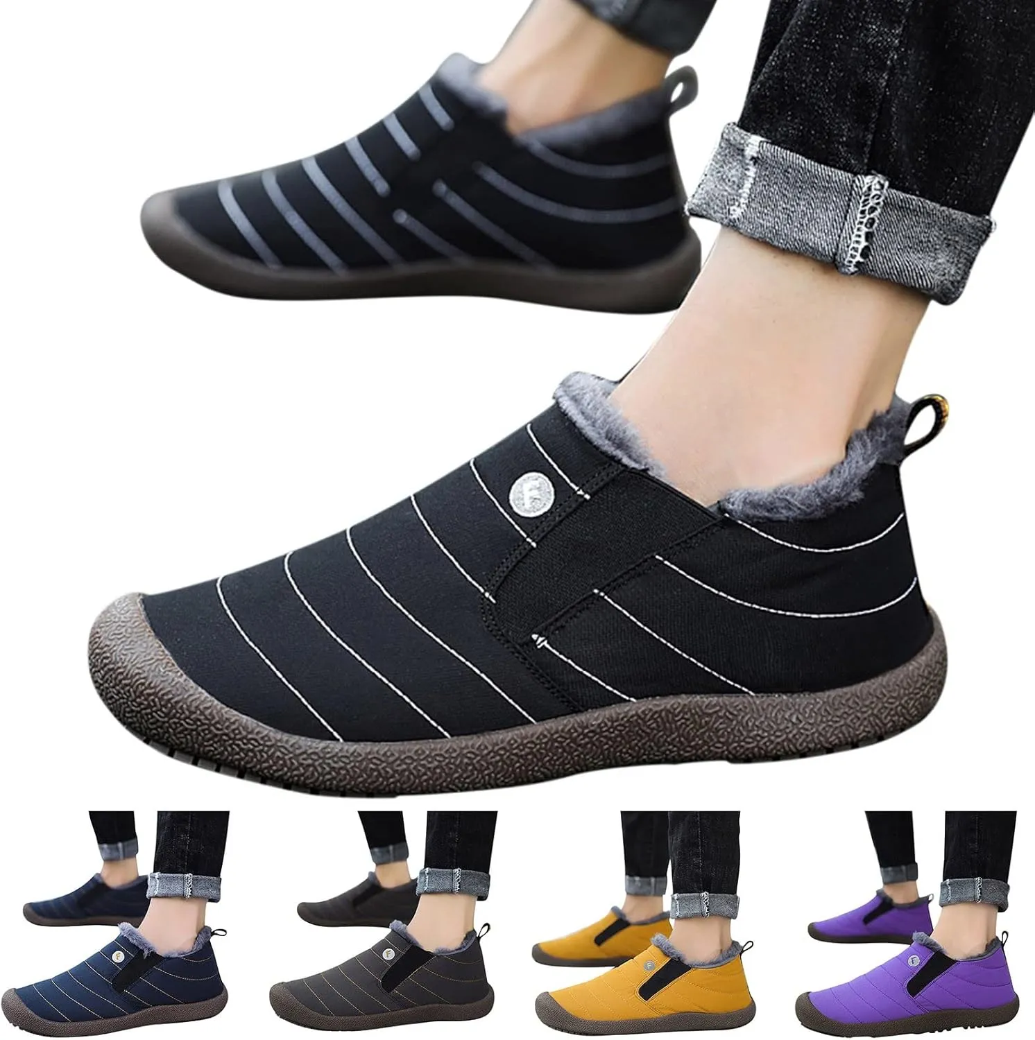Men's Womens Waterproof Warm Plush Lined Outdoor Snow Ankle Boots Anti Slip Slip On Lightweight Winter Loafers Shoes