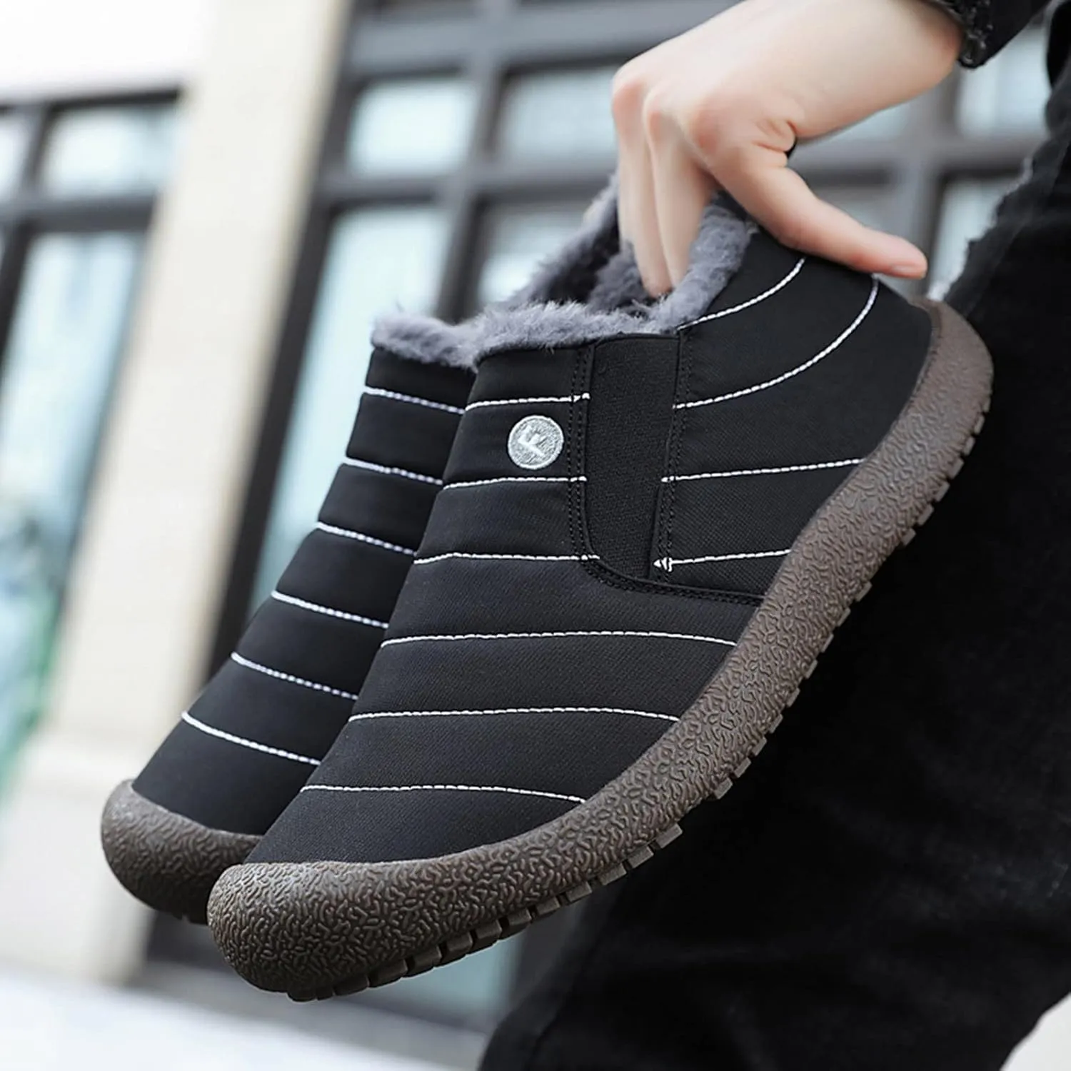 Men's Womens Waterproof Warm Plush Lined Outdoor Snow Ankle Boots Anti Slip Slip On Lightweight Winter Loafers Shoes
