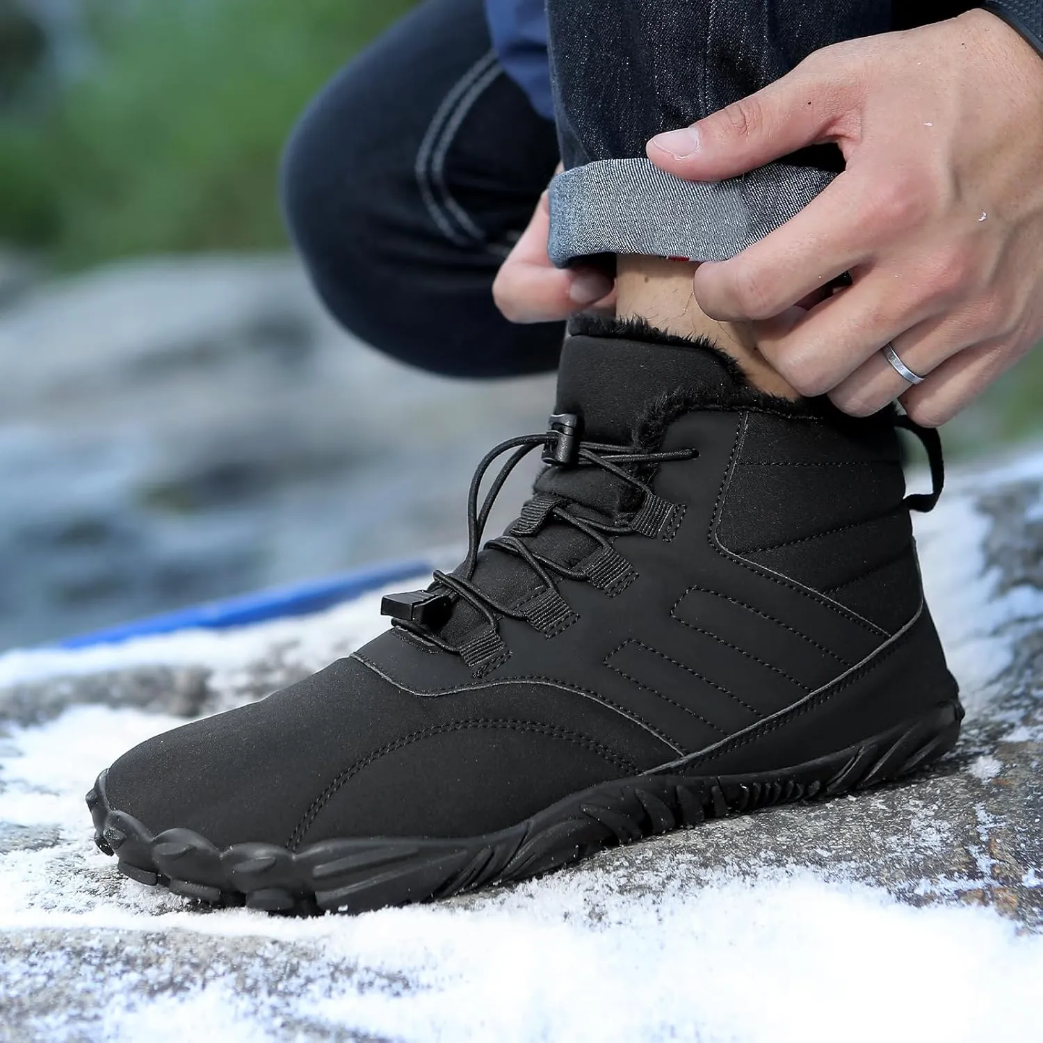 Men's Women's Winter Barefoot Hiking Boots, Slip On Warm Zero Drop Snow Boot, Wide Toe Box Ankle boots, Minimalist Waterproof Shoes, Five Finger Sneakers Hike Shoes for Hiking Walking Outdoor Unisex