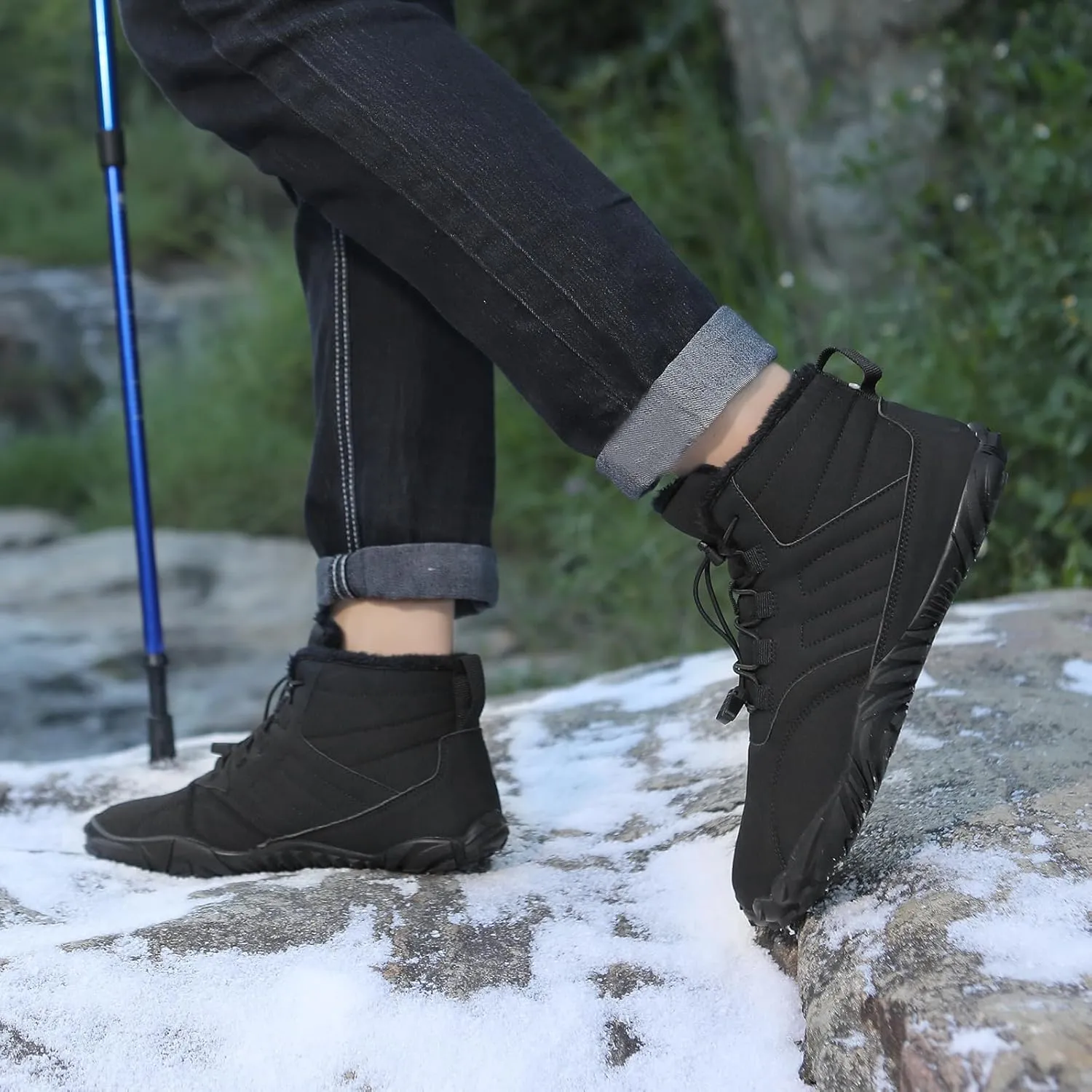 Men's Women's Winter Snow Boots Warm Fur Lined Snow Sneakers Slip On Barefoot Wide Toe Box Zero Drop Ankle Booties Unisex