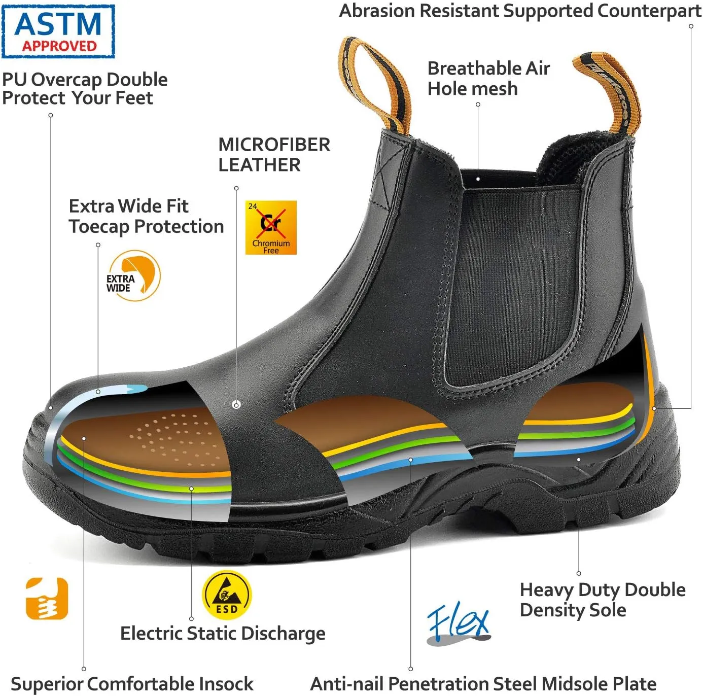 Mens Work Boots Steel Toe Chelsea Safety Boots Cow Leather Waterproof Lightweight Working Shoes
