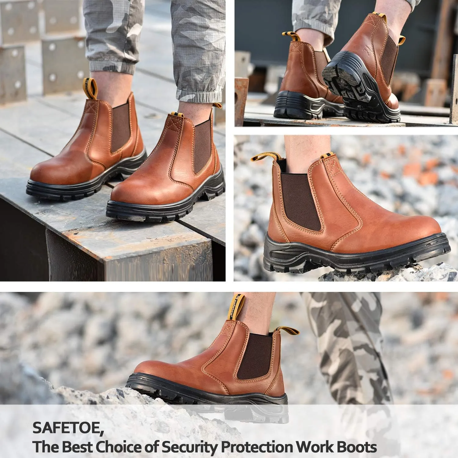 Mens Work Boots Steel Toe Chelsea Safety Boots Cow Leather Waterproof Lightweight Working Shoes
