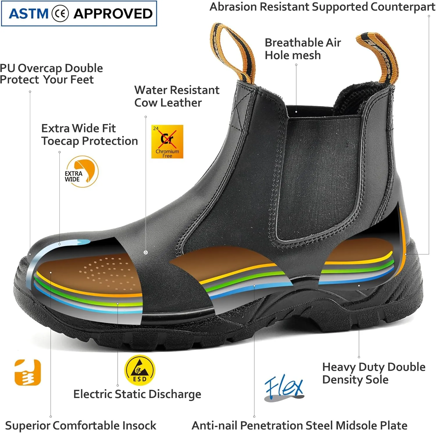 Mens Work Boots Steel Toe Chelsea Safety Boots Cow Leather Waterproof Lightweight Working Shoes