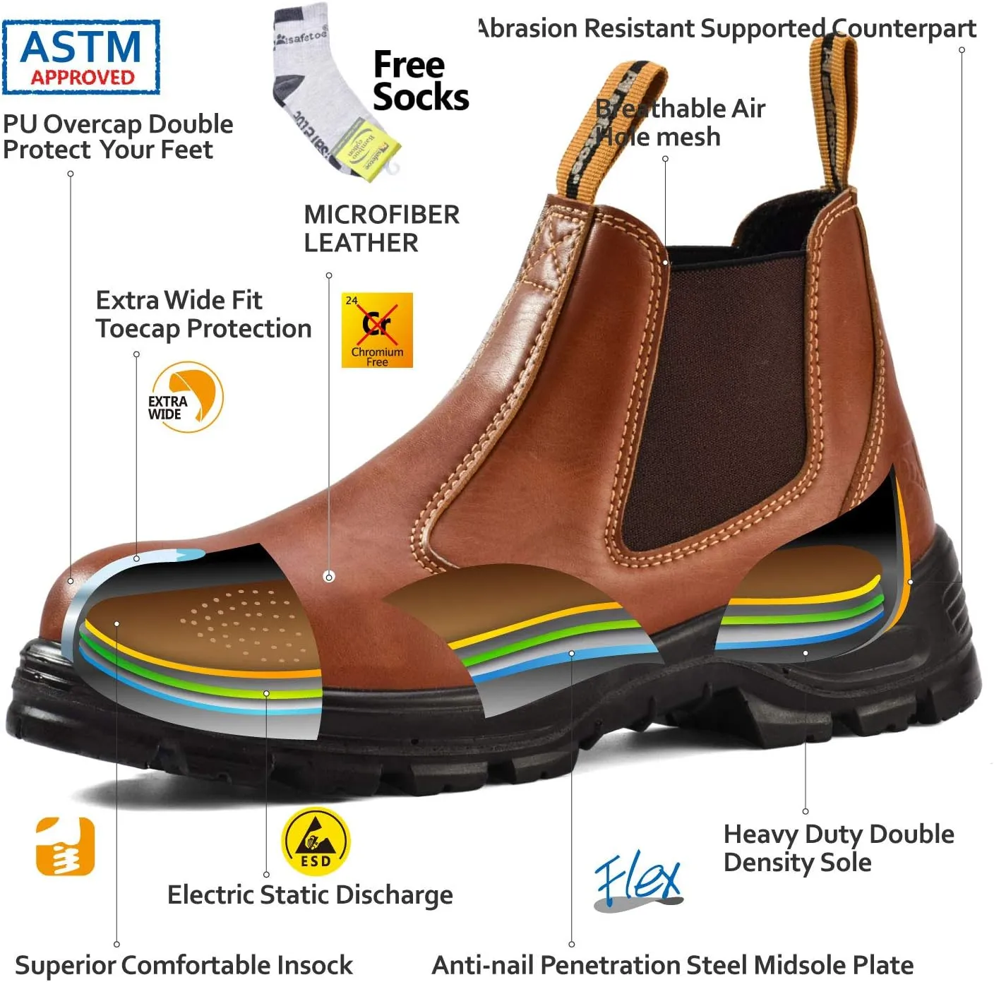 Mens Work Boots Steel Toe Chelsea Safety Boots Cow Leather Waterproof Lightweight Working Shoes