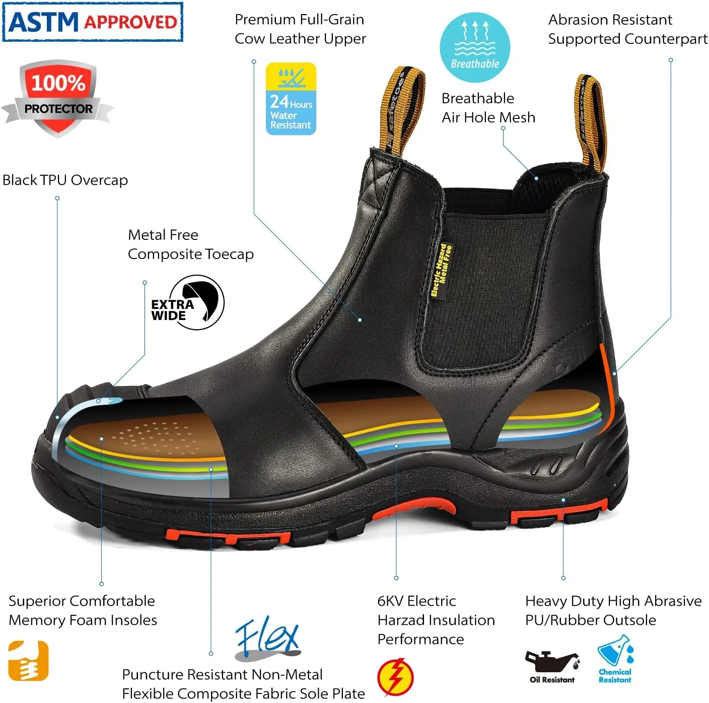 Mens Work Boots Steel Toe Chelsea Safety Boots Cow Leather Waterproof Lightweight Working Shoes
