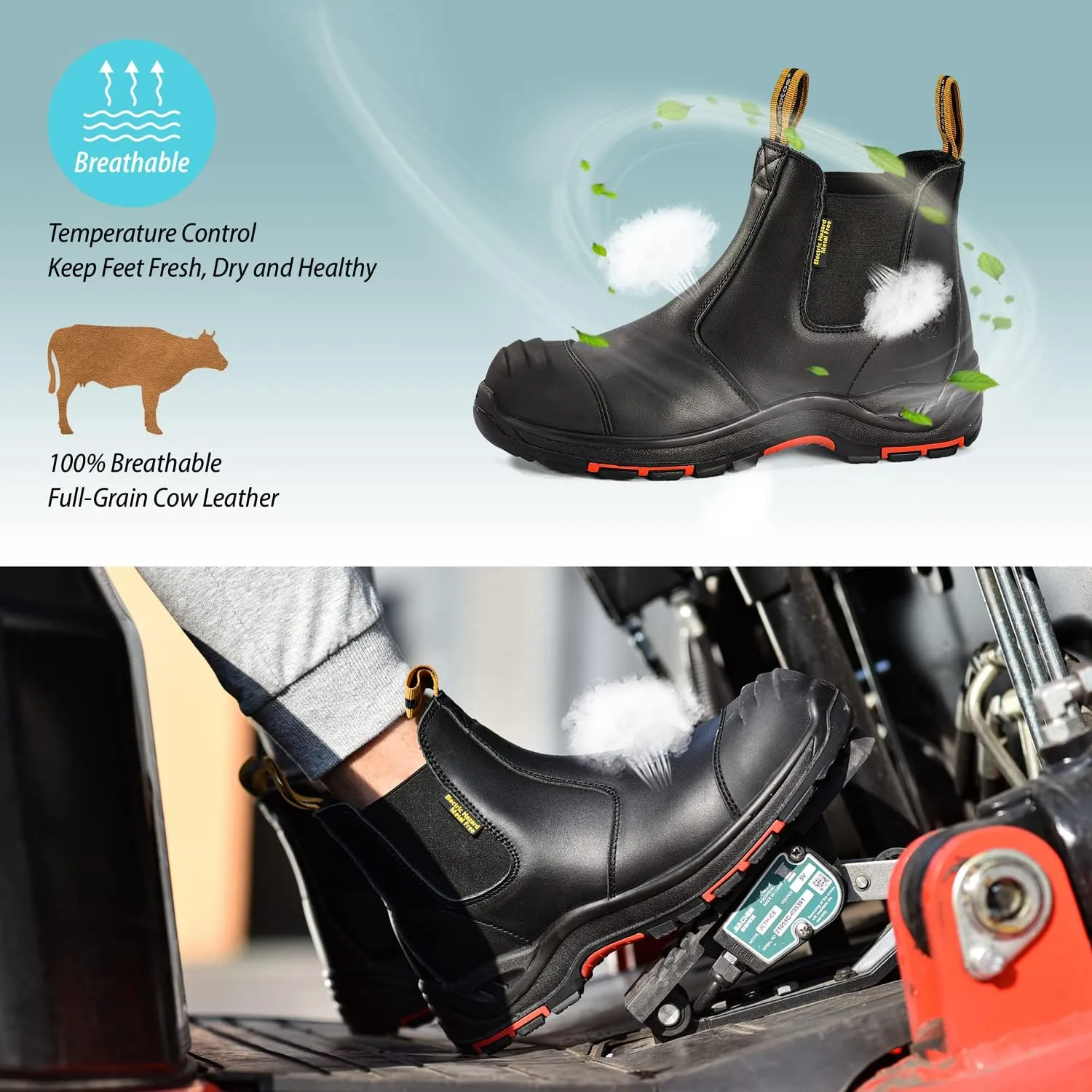 Mens Work Boots Steel Toe Chelsea Safety Boots Cow Leather Waterproof Lightweight Working Shoes