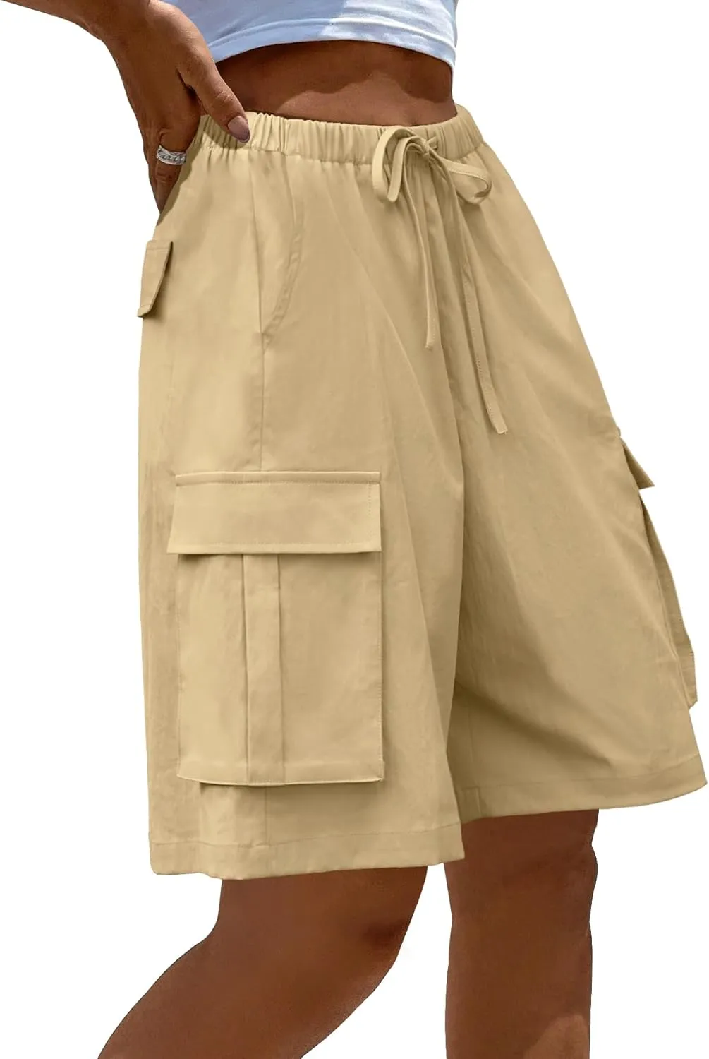 MEROKEETY Women's Summer Casual Cargo Shorts Elastic Waist Drawstring Hiking Bermuda Shorts with Pockets