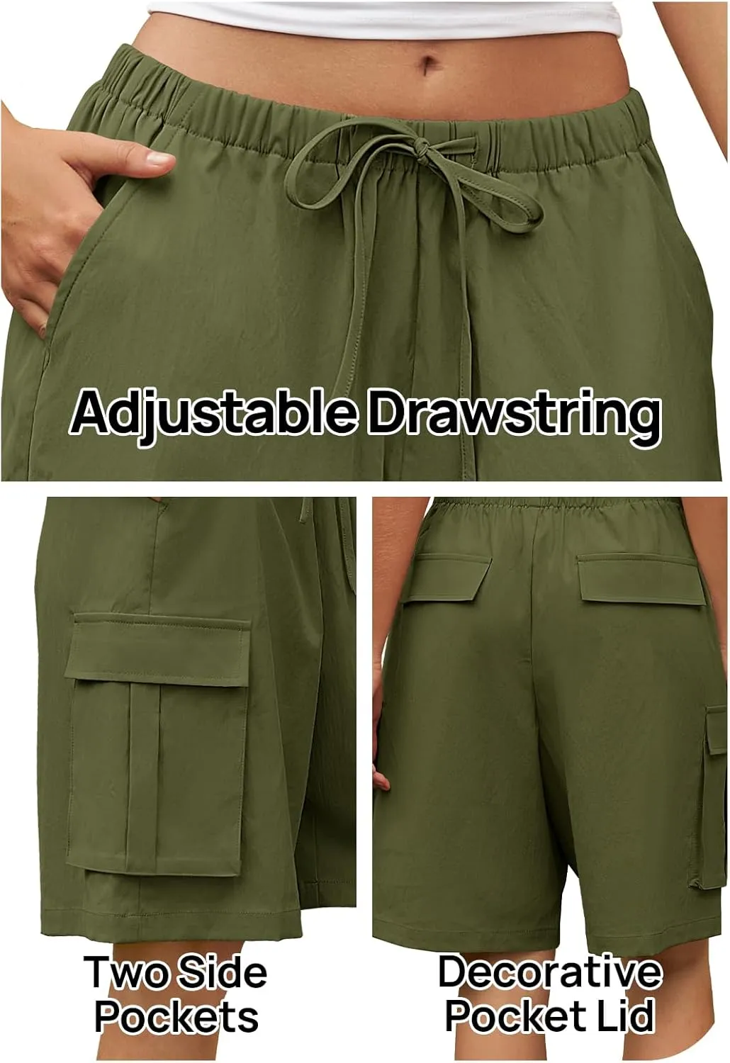 MEROKEETY Women's Summer Casual Cargo Shorts Elastic Waist Drawstring Hiking Bermuda Shorts with Pockets