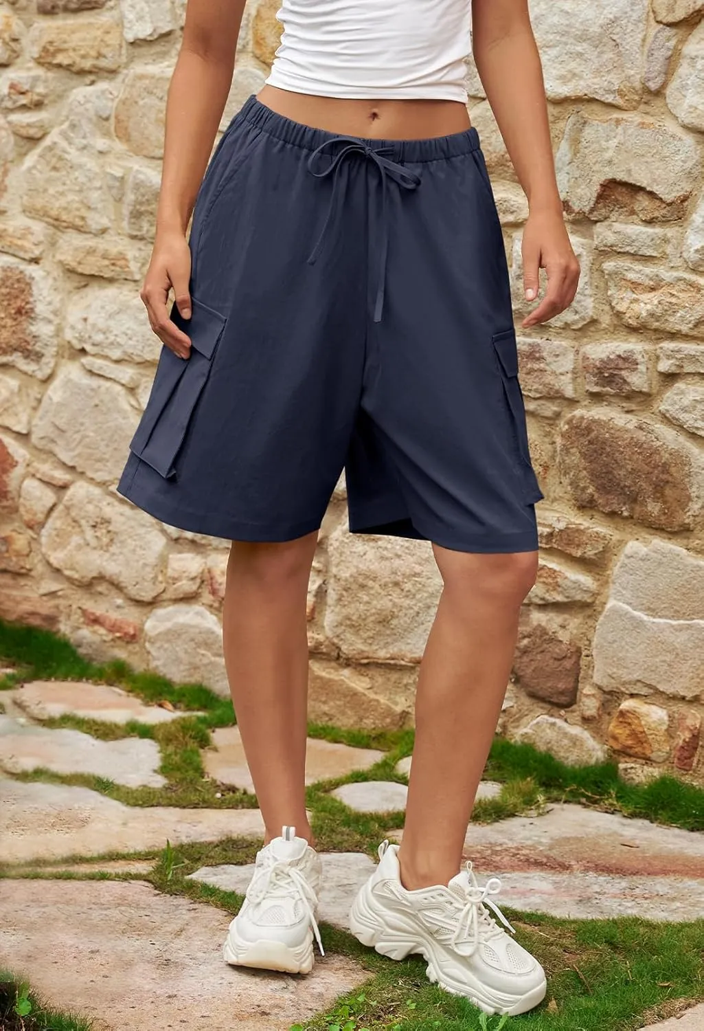MEROKEETY Women's Summer Casual Cargo Shorts Elastic Waist Drawstring Hiking Bermuda Shorts with Pockets