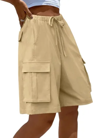 MEROKEETY Women's Summer Casual Cargo Shorts Elastic Waist Drawstring Hiking Bermuda Shorts with Pockets