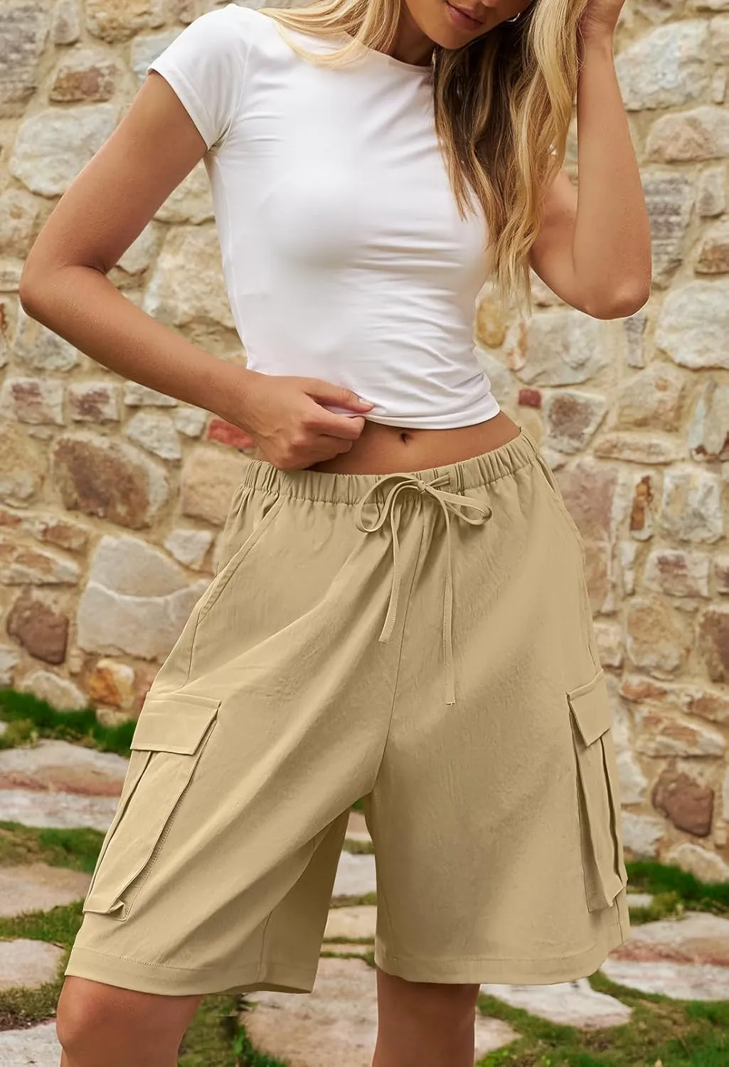MEROKEETY Women's Summer Casual Cargo Shorts Elastic Waist Drawstring Hiking Bermuda Shorts with Pockets