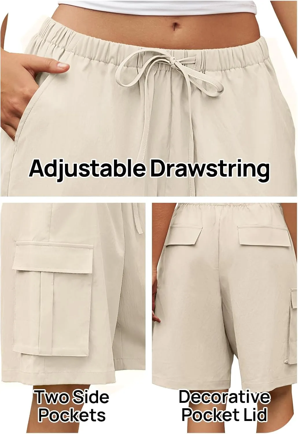 MEROKEETY Women's Summer Casual Cargo Shorts Elastic Waist Drawstring Hiking Bermuda Shorts with Pockets