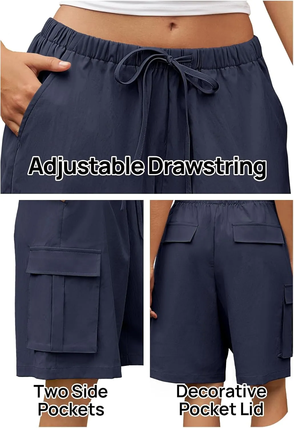 MEROKEETY Women's Summer Casual Cargo Shorts Elastic Waist Drawstring Hiking Bermuda Shorts with Pockets