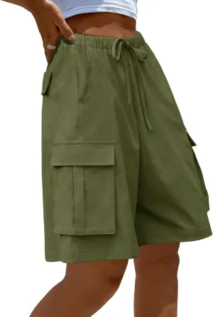MEROKEETY Women's Summer Casual Cargo Shorts Elastic Waist Drawstring Hiking Bermuda Shorts with Pockets