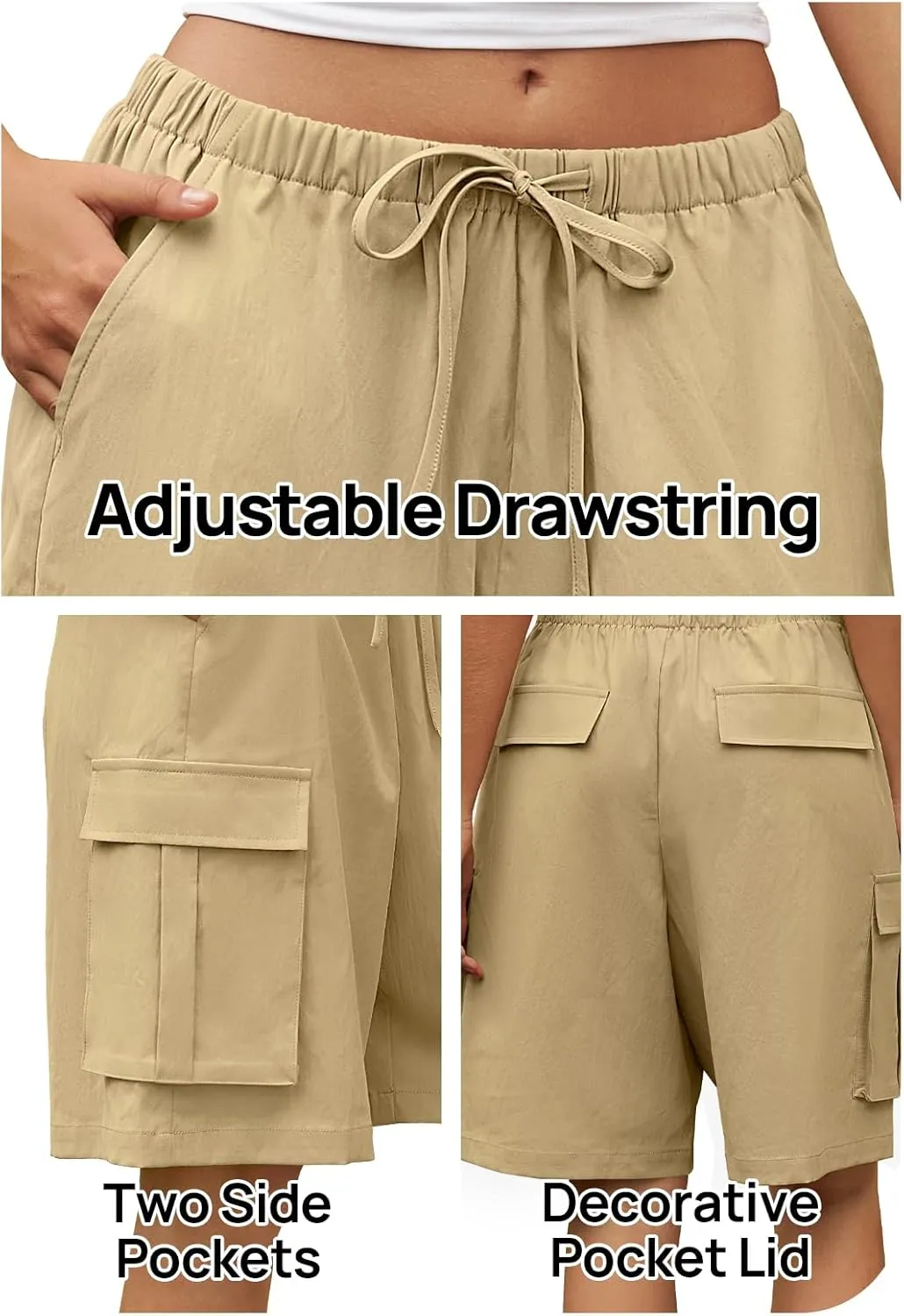 MEROKEETY Women's Summer Casual Cargo Shorts Elastic Waist Drawstring Hiking Bermuda Shorts with Pockets