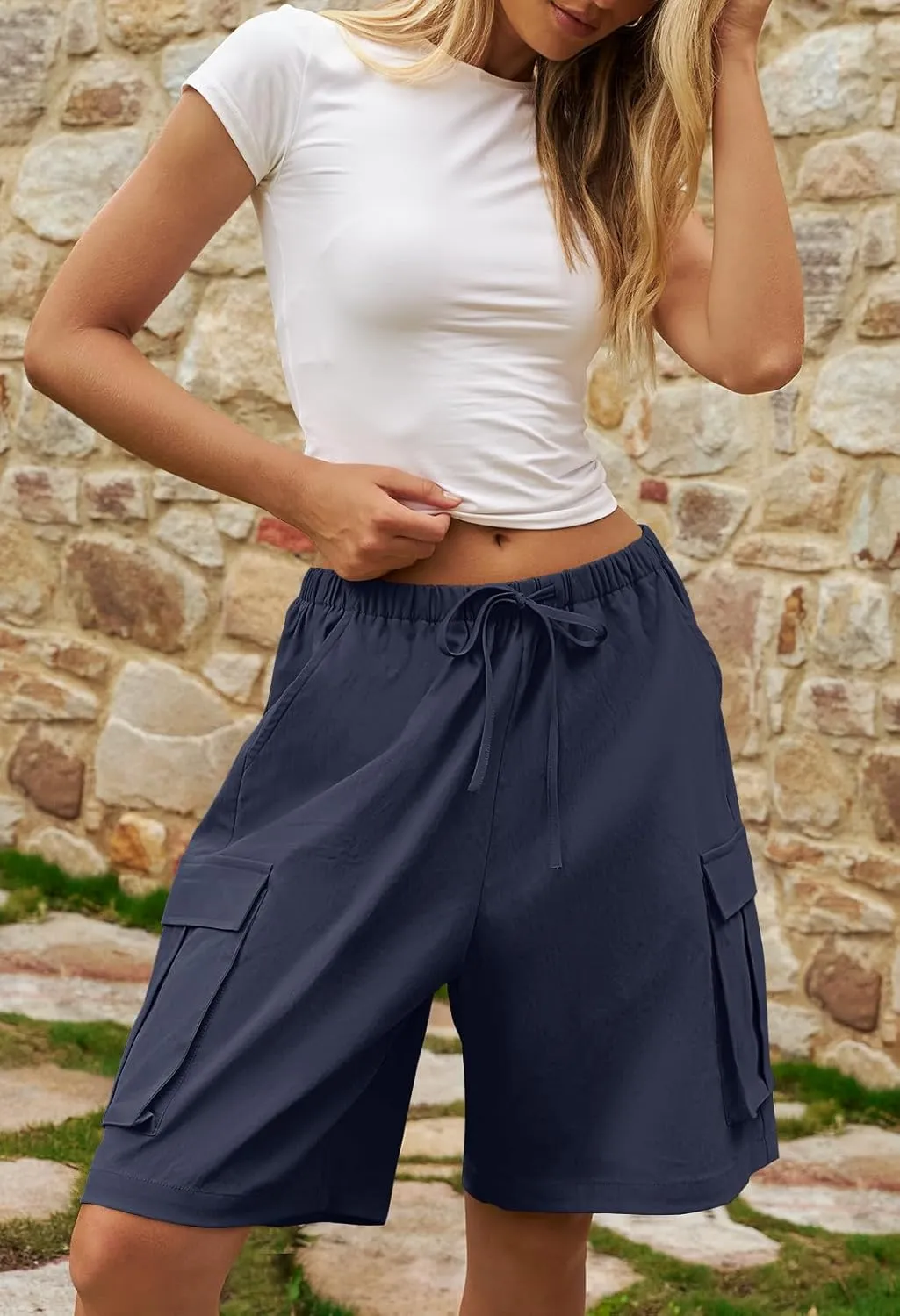 MEROKEETY Women's Summer Casual Cargo Shorts Elastic Waist Drawstring Hiking Bermuda Shorts with Pockets
