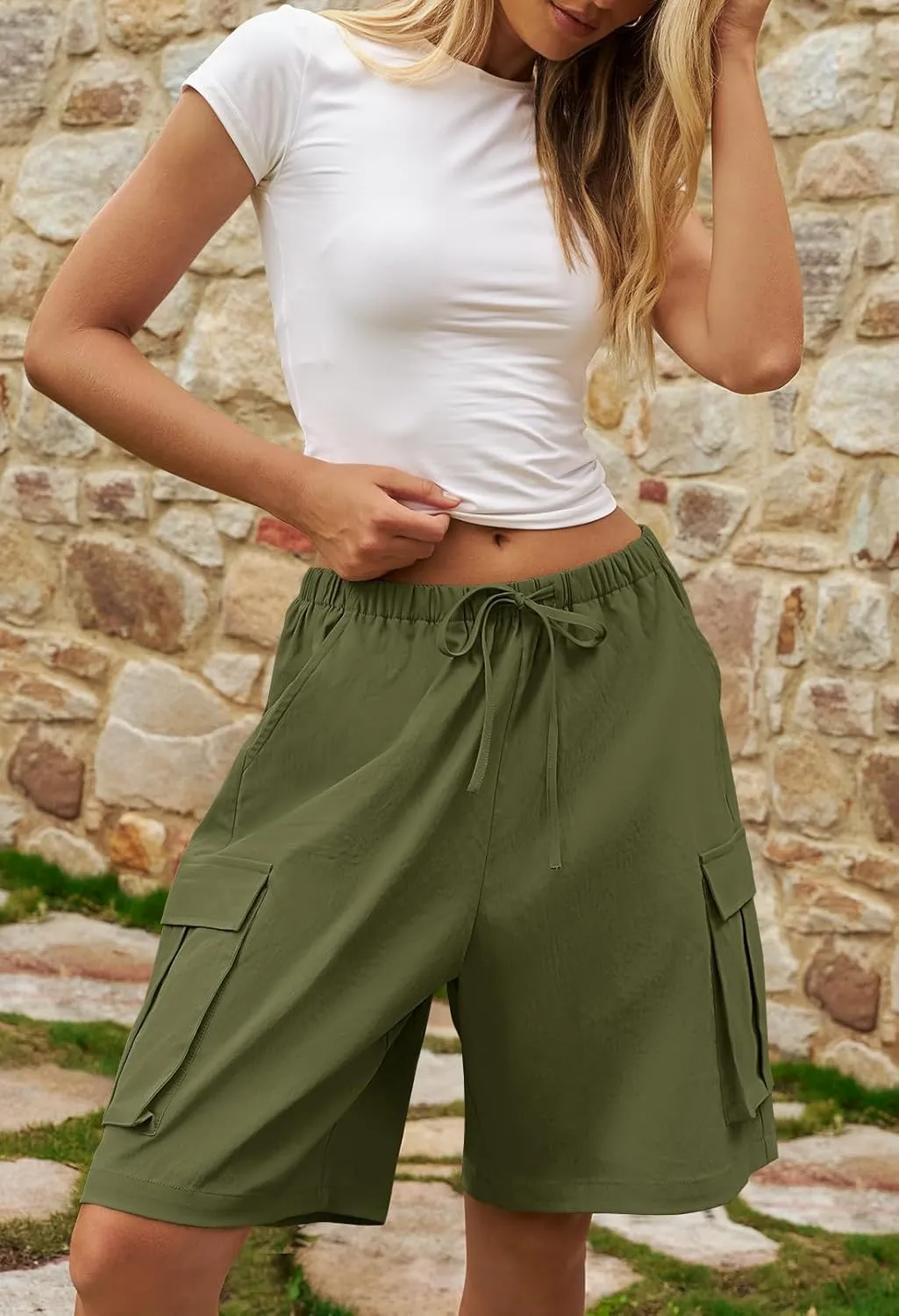 MEROKEETY Women's Summer Casual Cargo Shorts Elastic Waist Drawstring Hiking Bermuda Shorts with Pockets