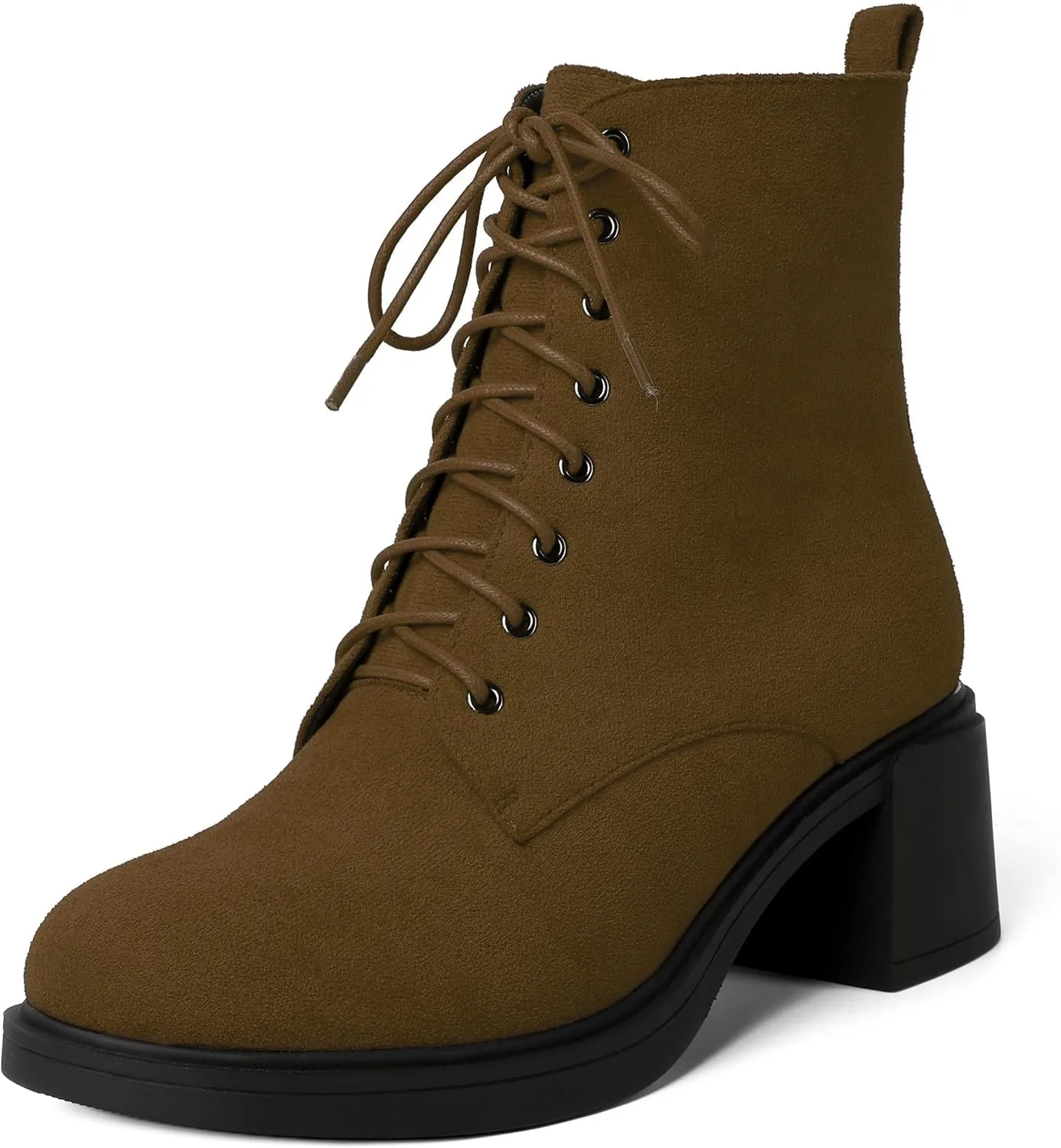 MERRORI Womens Combat Booties Casual Lace Up Solid Round Toe Suede Block Mid Heel Ankle High Boots 2.5 Inch
