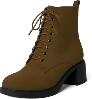 MERRORI Womens Combat Booties Casual Lace Up Solid Round Toe Suede Block Mid Heel Ankle High Boots 2.5 Inch